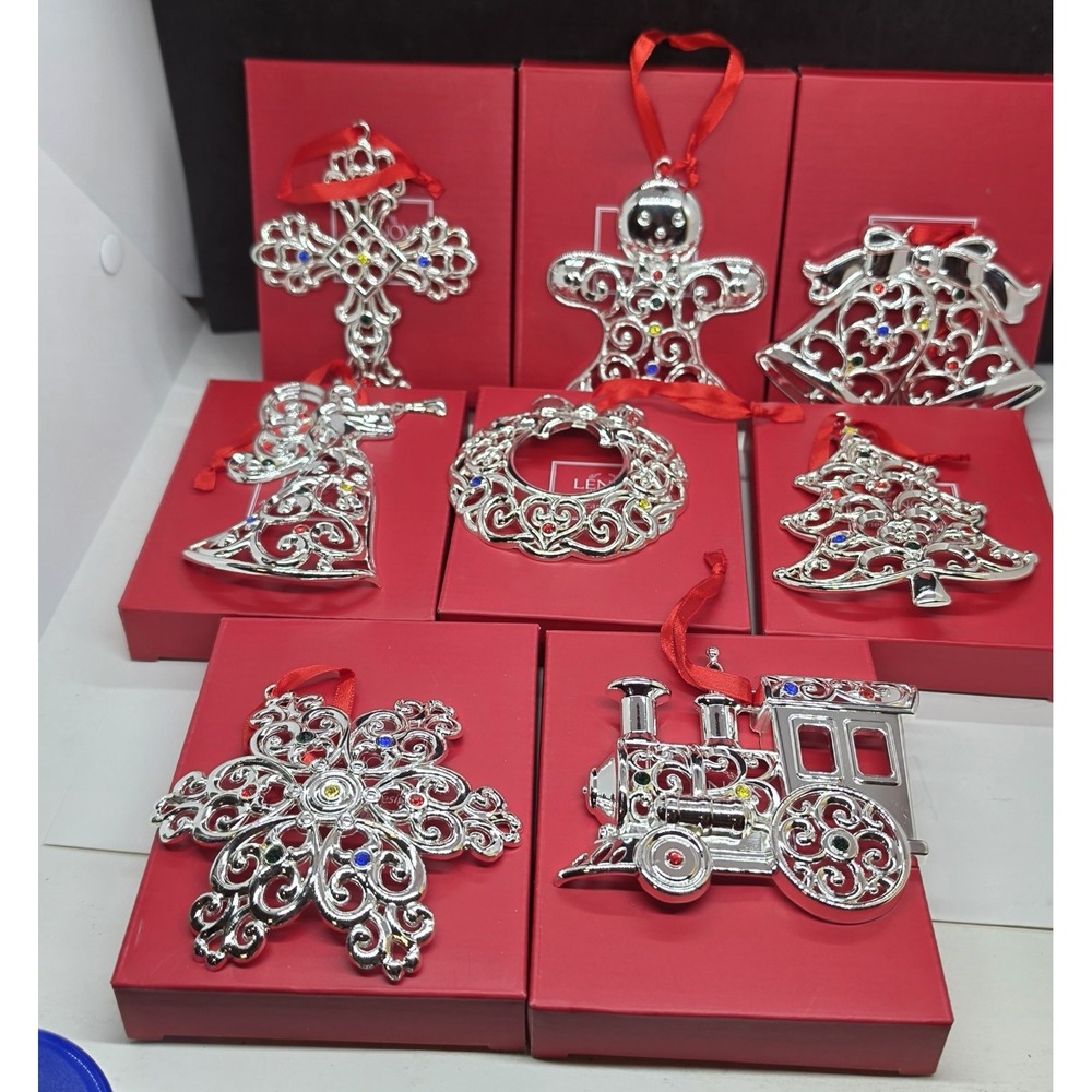 Set Of 8 Lenox Sparkle And Scroll Multi-Crystal Silver Plate Christmas Ornaments